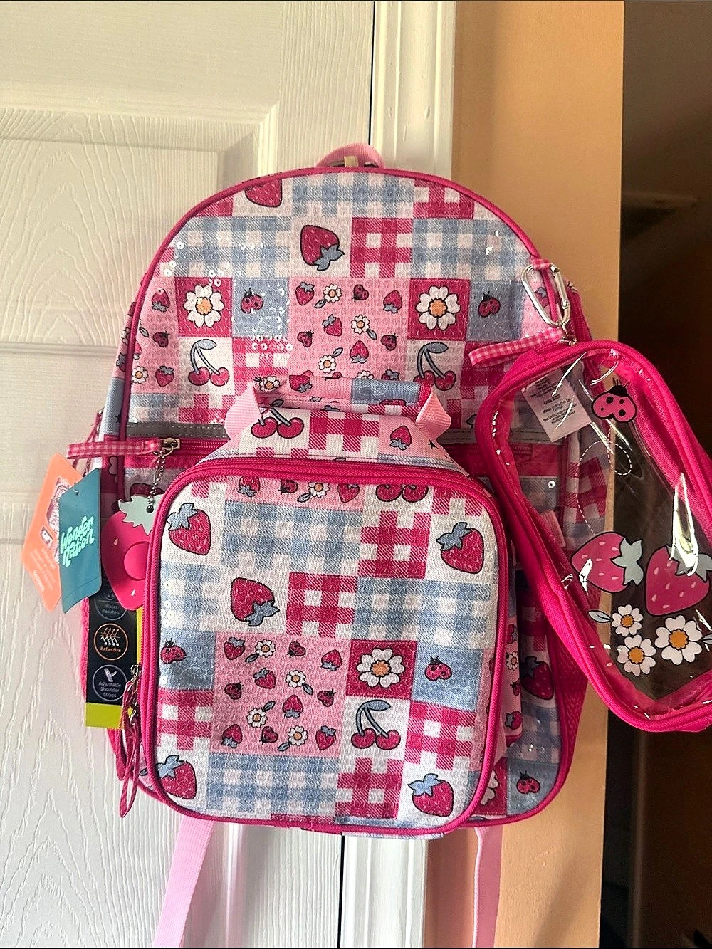 Wonder Nation 17 Inch Backpack 4 Piece Set Pink Strawberry Gingham Berry Patch